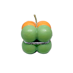 Vela cuadrada con bolitas en tonos pastel naranja y verde para baby shower o cumpleaños